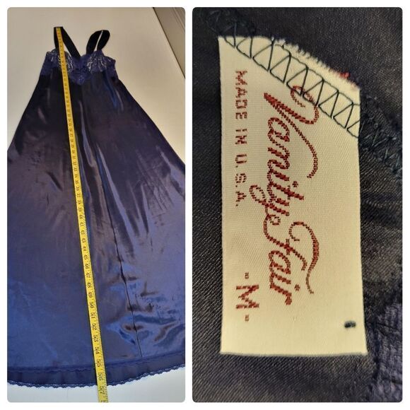 Vanity Fair Vintage Blue Satin Maxi Length Slip Dress Open Back Lace Panel Chest - Picture 10 of 13